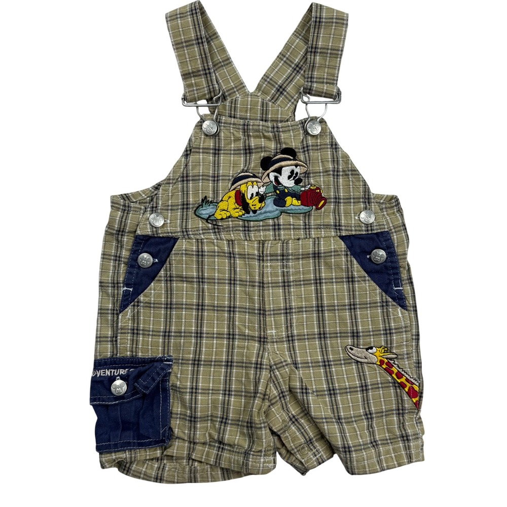 Vintage Disney Mickey Mouse Pluto Safari Plaid Shortalls 6-9 Months Green Tan